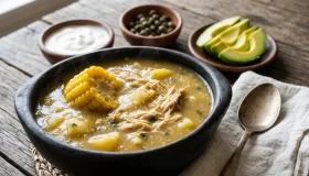Ajiaco santafereño con pollo, mazorca, alcaparras, crema de leche y aguacate