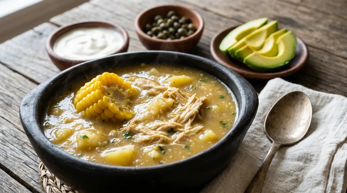 Ajiaco santafereño con pollo, mazorca, alcaparras, crema de leche y aguacate