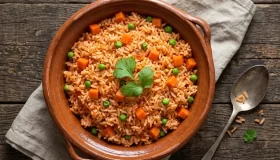 Arroz rojo mexicano Arroz rojo mexicano esponjoso con ch�charos y zanahoria en una cazuela