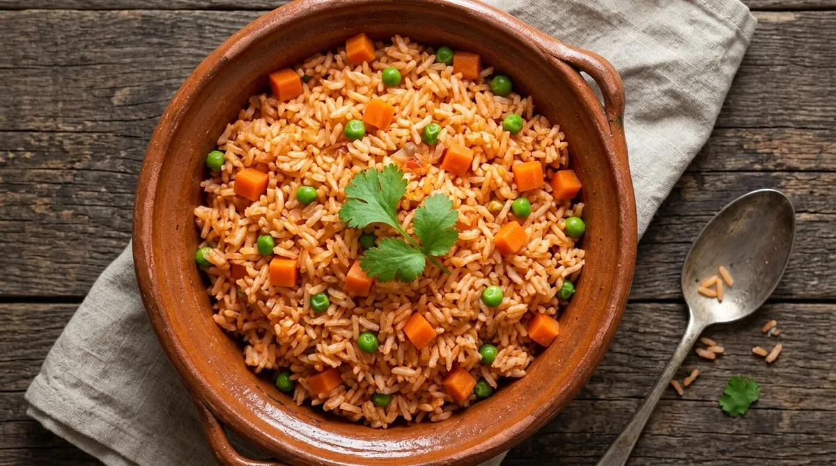 Arroz rojo mexicano esponjoso con ch�charos y zanahoria en una cazuela