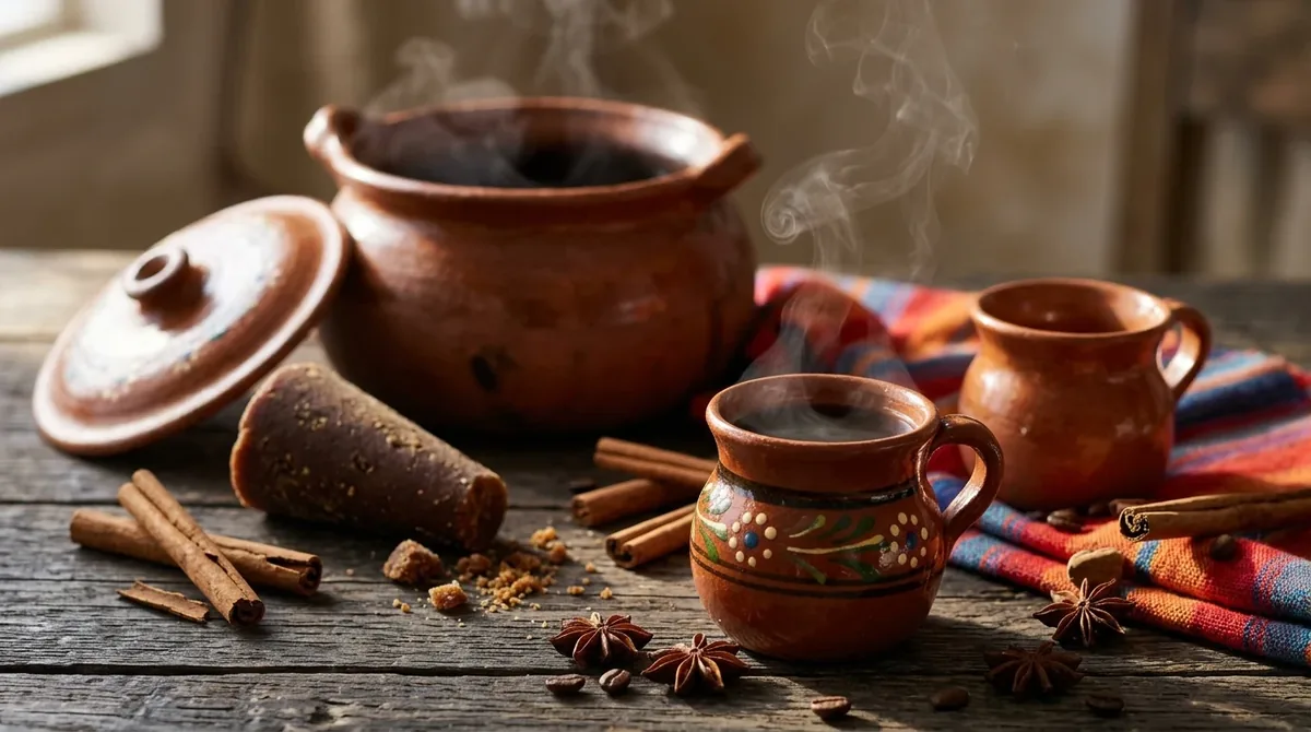 Caf� de olla servido en jarritos de barro con canela y piloncillo
