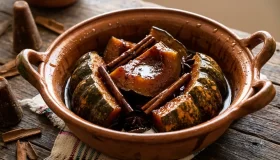 Calabaza en tacha Trozos de calabaza en tacha con miel de piloncillo y canela en una cazuela de barro