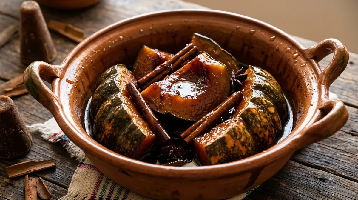 Trozos de calabaza en tacha con miel de piloncillo y canela en una cazuela de barro