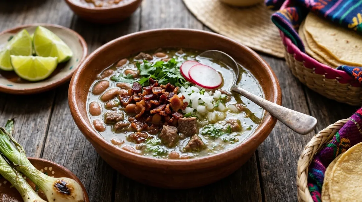 Plato hondo de carne en su jugo con frijoles, tocino, cebolla, cilantro y rábanos