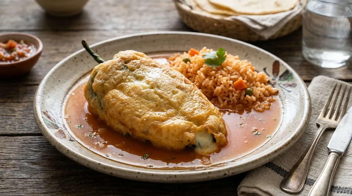 Chile poblano relleno de queso capeado en caldillo de jitomate con arroz