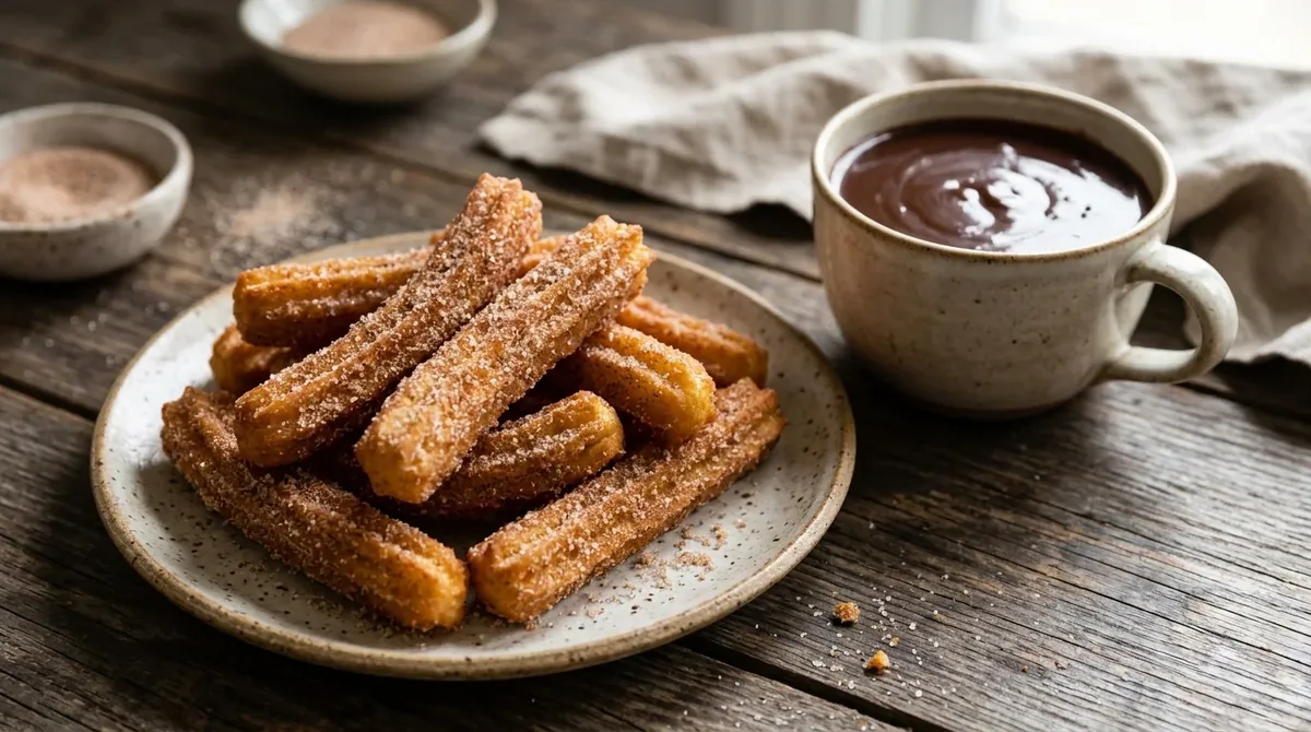 Churros caseros con azúcar y canela junto a una taza de chocolate caliente