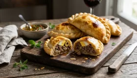 Empanadas argentinas de carne Empanadas argentinas de carne al horno con repulgue sobre una tabla de madera