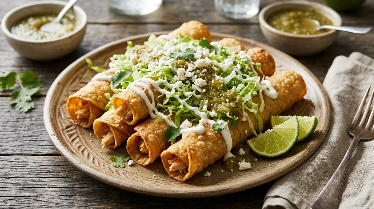Flautas de pollo doradas cubiertas con crema, lechuga, queso fresco y salsa verde