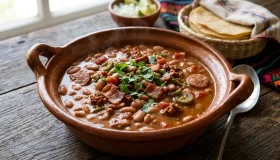 Frijoles charros Olla de barro con frijoles charros con tocino, chorizo, jitomate y cilantro