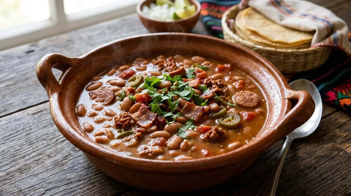 Olla de barro con frijoles charros con tocino, chorizo, jitomate y cilantro