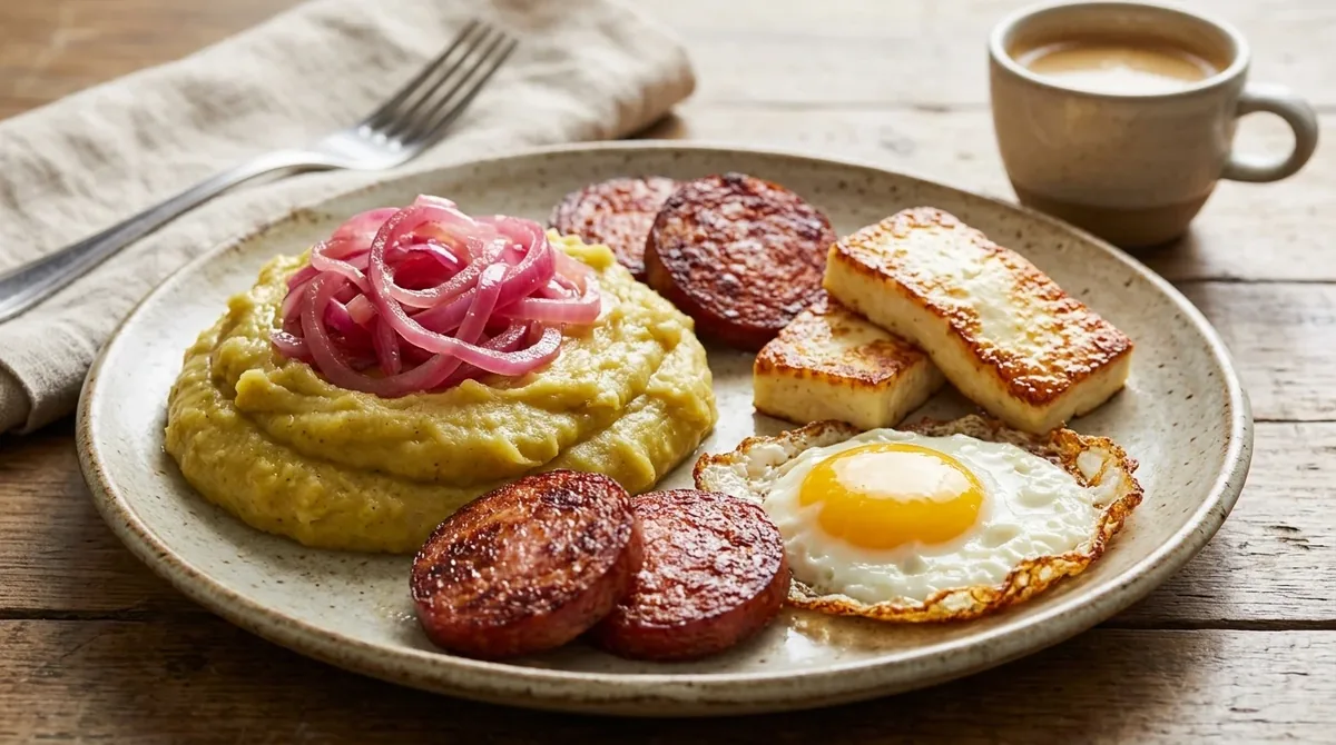 Mangú dominicano con cebolla roja encurtida, salami frito, queso frito y huevo