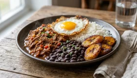 Plato de pabellón criollo con carne mechada, caraotas negras, arroz blanco y tajadas