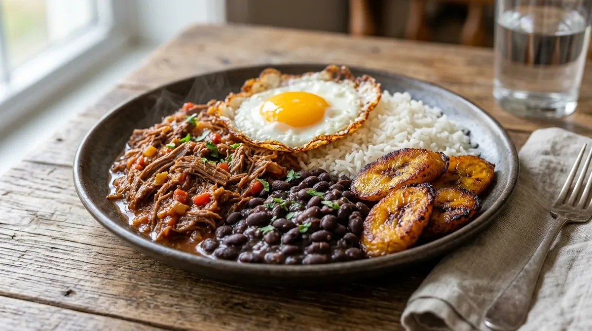 Plato de pabellón criollo con carne mechada, caraotas negras, arroz blanco y tajadas