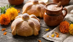 Pan de muerto casero Pan de muerto casero espolvoreado con az�car sobre una mesa de madera con flores de cempas�chil