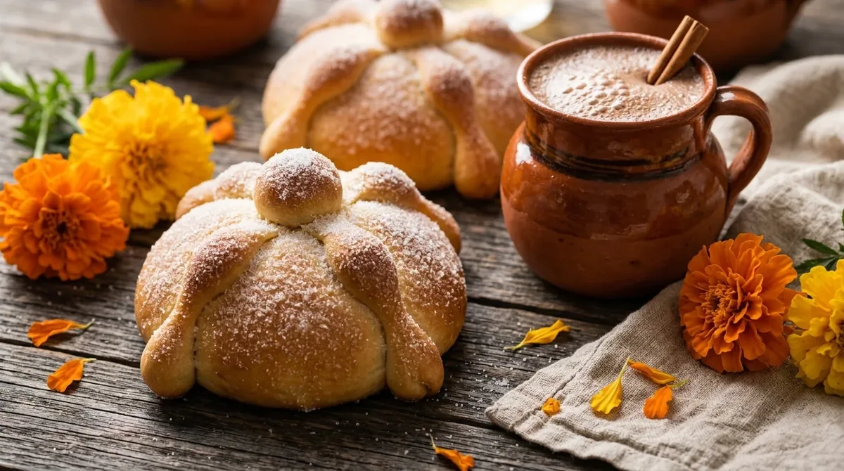 Pan de muerto casero espolvoreado con az�car sobre una mesa de madera con flores de cempas�chil