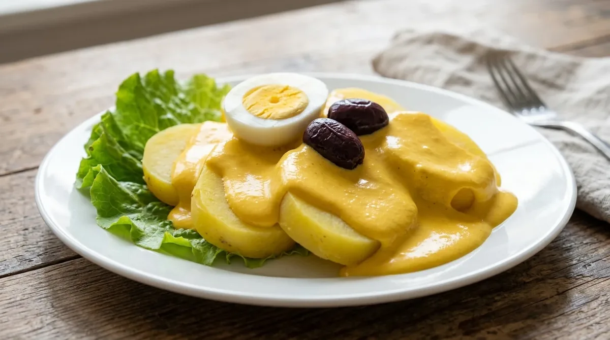 Papa a la huanca�na con salsa amarilla, huevo duro, aceitunas y lechuga