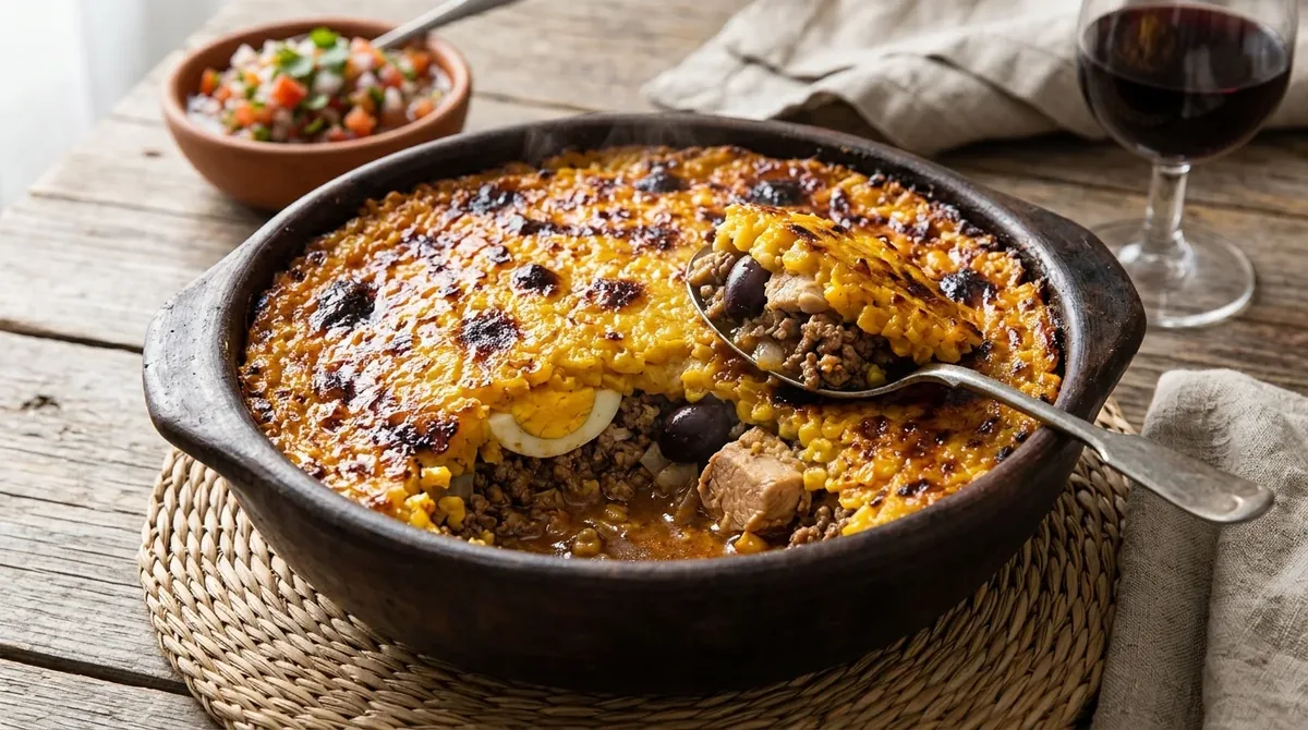 Pastel de choclo chileno gratinado con azúcar en una paila de greda