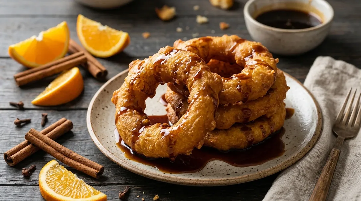 Picarones peruanos dorados bañados en miel de chancaca en un plato