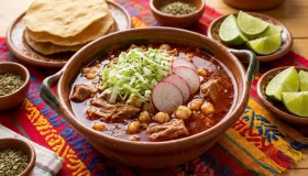 Pozole rojo de cerdo Plato de pozole rojo con carne de cerdo, r�banos, lechuga, or�gano y lim�n
