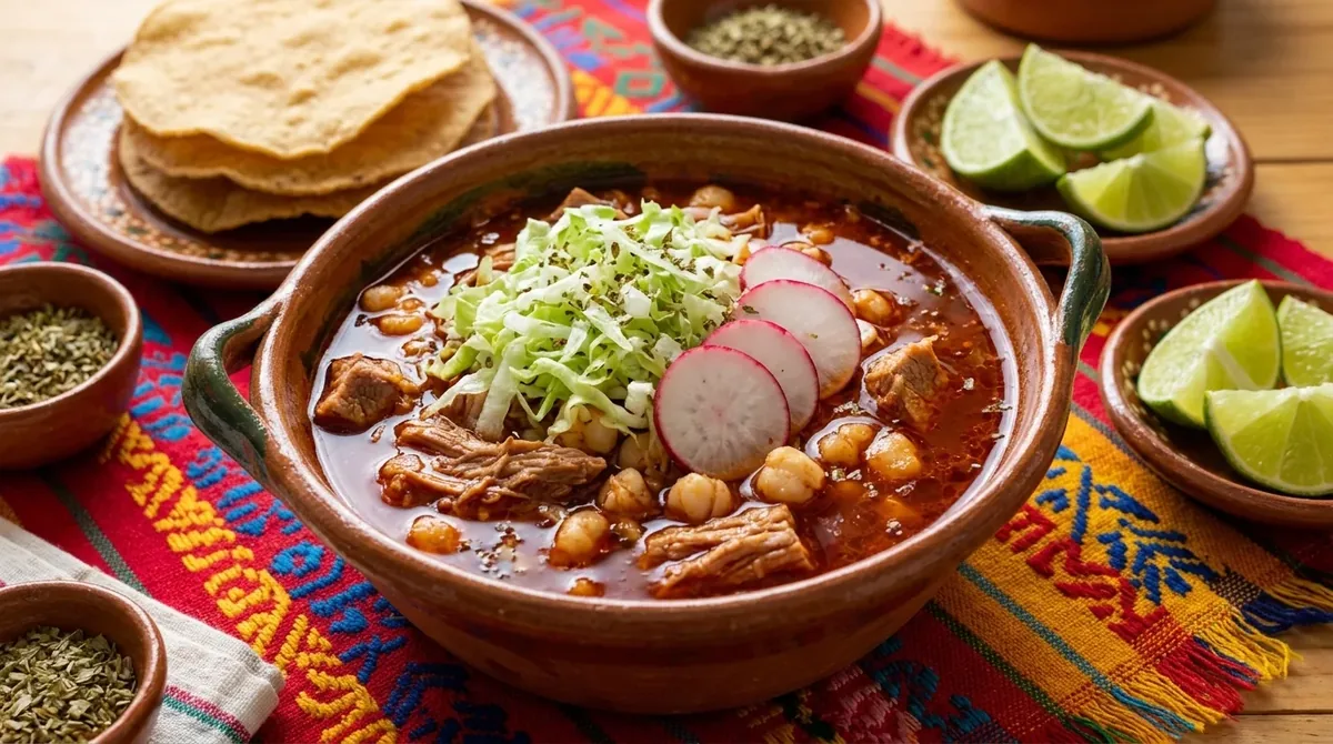 Plato de pozole rojo con carne de cerdo, r�banos, lechuga, or�gano y lim�n