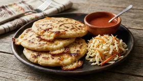 Pupusas salvadoreñas Pupusas salvadore�as reci�n hechas con curtido de repollo y salsa de tomate