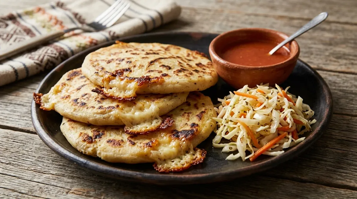 Pupusas salvadore�as reci�n hechas con curtido de repollo y salsa de tomate