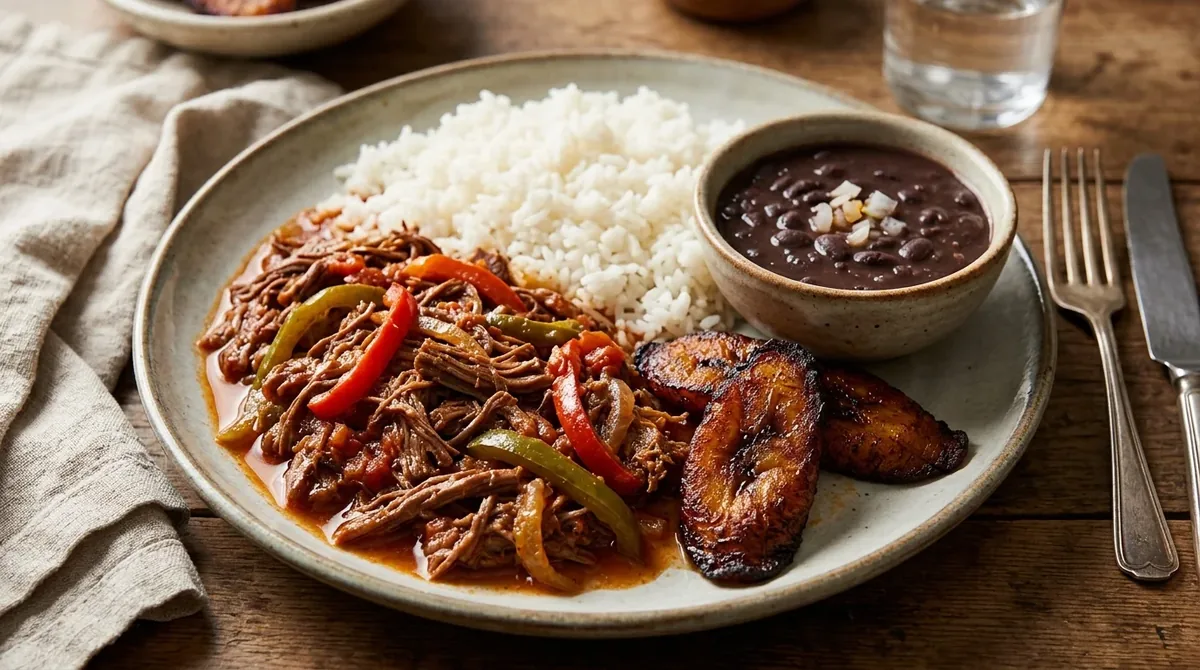 Ropa vieja cubana con pimientos en un plato con arroz blanco, frijoles negros y plátanos maduros