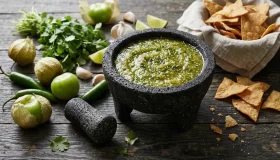 Molcajete con salsa verde de tomatillo, chile serrano y cilantro junto a totopos