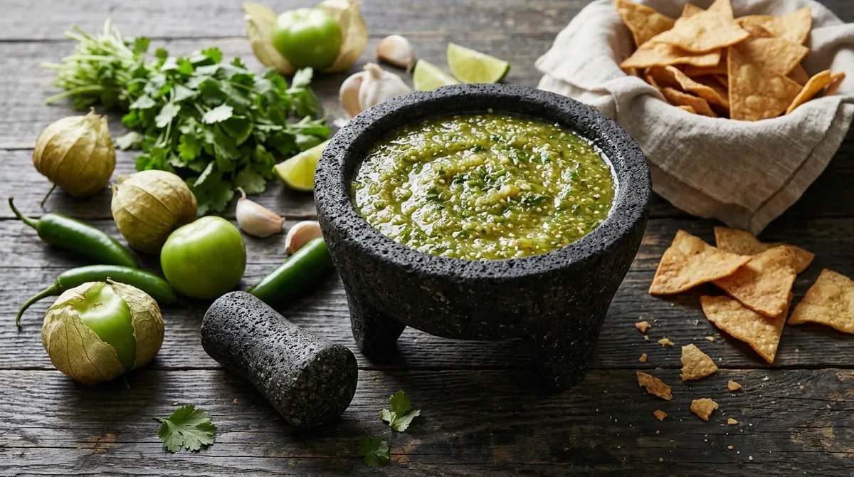 Molcajete con salsa verde de tomatillo, chile serrano y cilantro junto a totopos