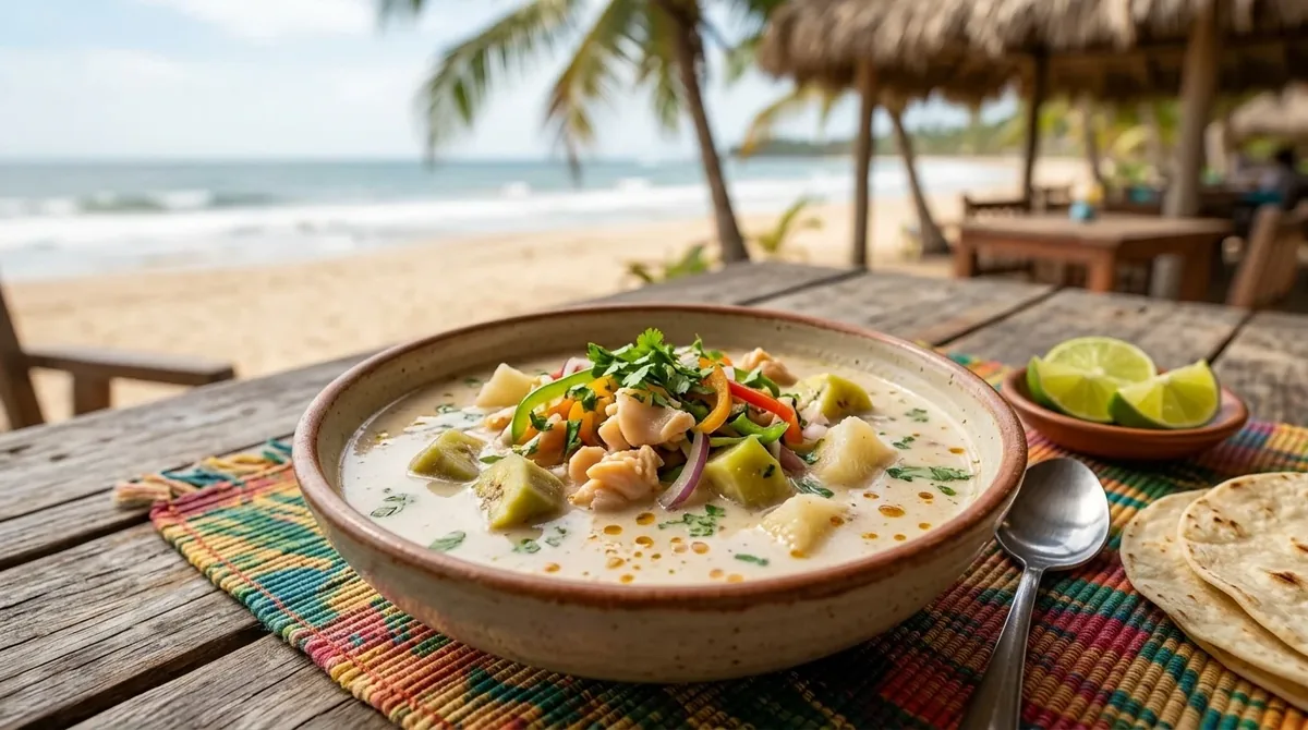 Sopa de caracol hondureña con leche de coco, yuca y guineo verde en un tazón