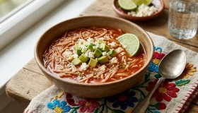 Sopa de fideo Plato de sopa de fideo mexicana con caldo de jitomate, aguacate y queso fresco