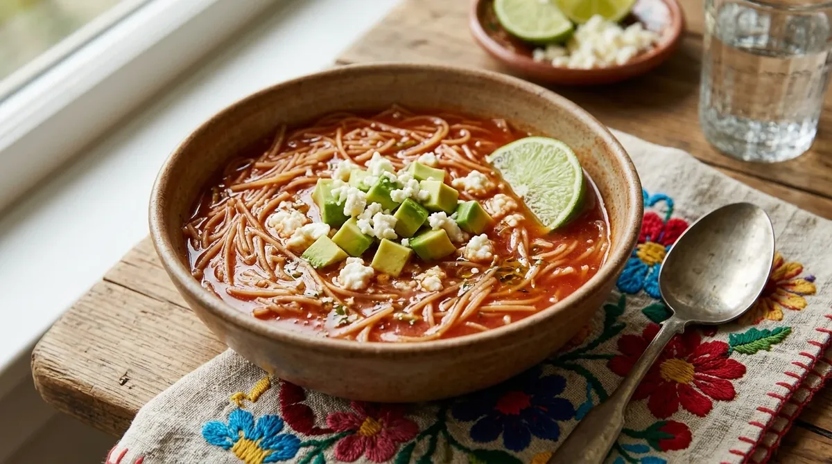 Plato de sopa de fideo mexicana con caldo de jitomate, aguacate y queso fresco