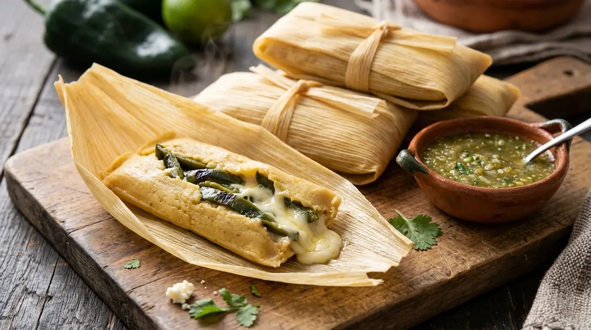 Tamales de rajas con queso abiertos sobre hojas de ma�z con salsa verde