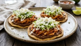 Tinga de pollo Tostadas de tinga de pollo con crema, lechuga y queso fresco