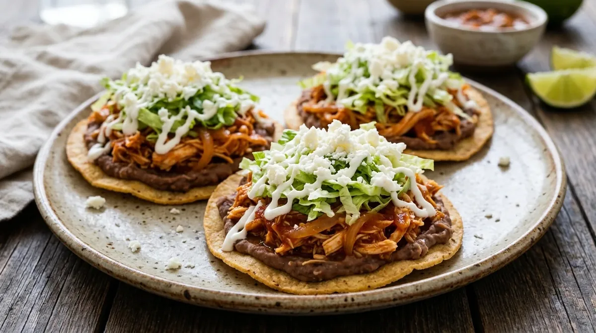 Tostadas de tinga de pollo con crema, lechuga y queso fresco